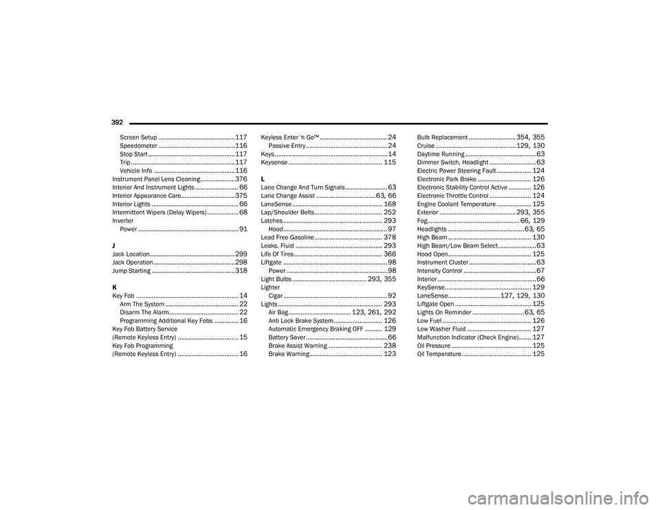 CHRYSLER PACIFICA 2021  Owners Manual 
392  Screen Setup
............................................ 117Speedometer............................................ 116Stop Start.................................................. 117Trip......