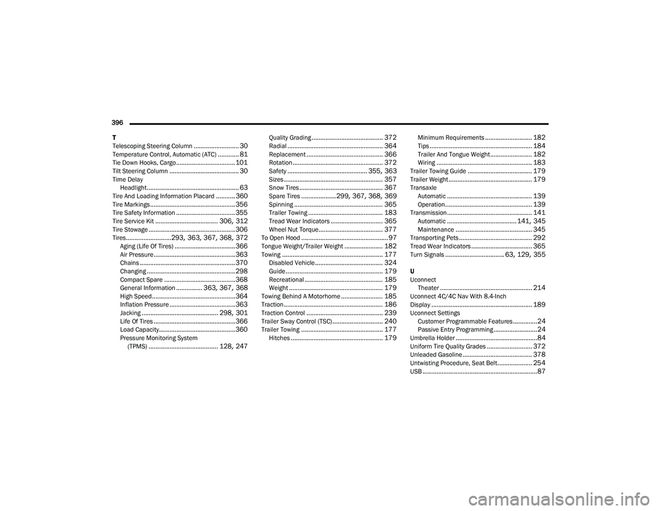 CHRYSLER PACIFICA 2021 Manual PDF 
396  T
Telescoping Steering Column
.......................... 30Temperature Control, Automatic (ATC)............ 81Tie Down Hooks, Cargo.................................. 101Tilt Steering Column.....