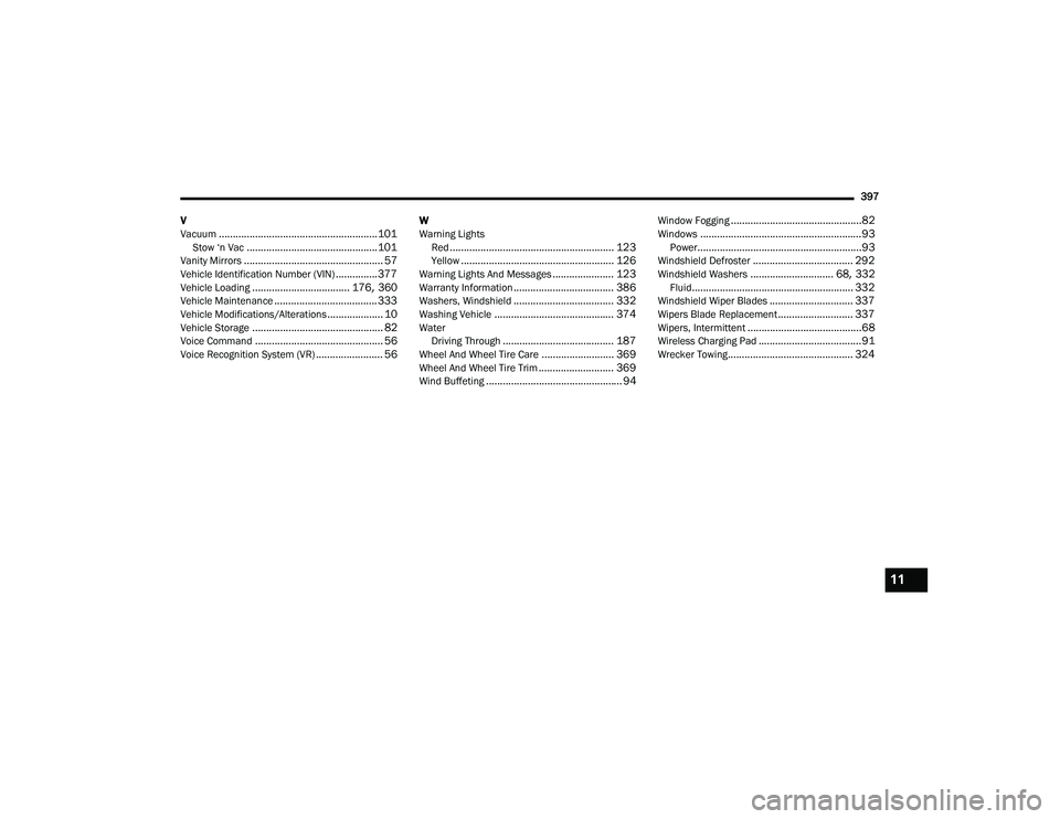 CHRYSLER PACIFICA 2021 Manual PDF 
397
V
Vacuum
......................................................... 101Stow ‘n Vac............................................... 101Vanity Mirrors...............................................