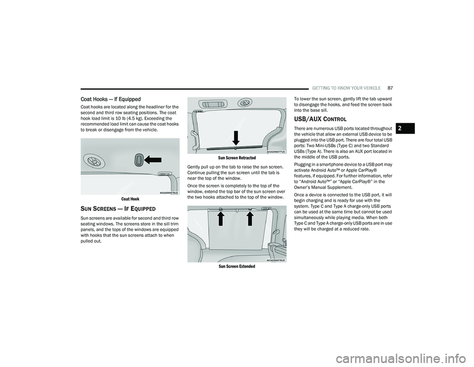 CHRYSLER PACIFICA 2021  Owners Manual 
GETTING TO KNOW YOUR VEHICLE87
Coat Hooks — If Equipped 
Coat hooks are located along the headliner for the 
second and third row seating positions. The coat 
hook load limit is 10 lb (4.5 kg). Exc