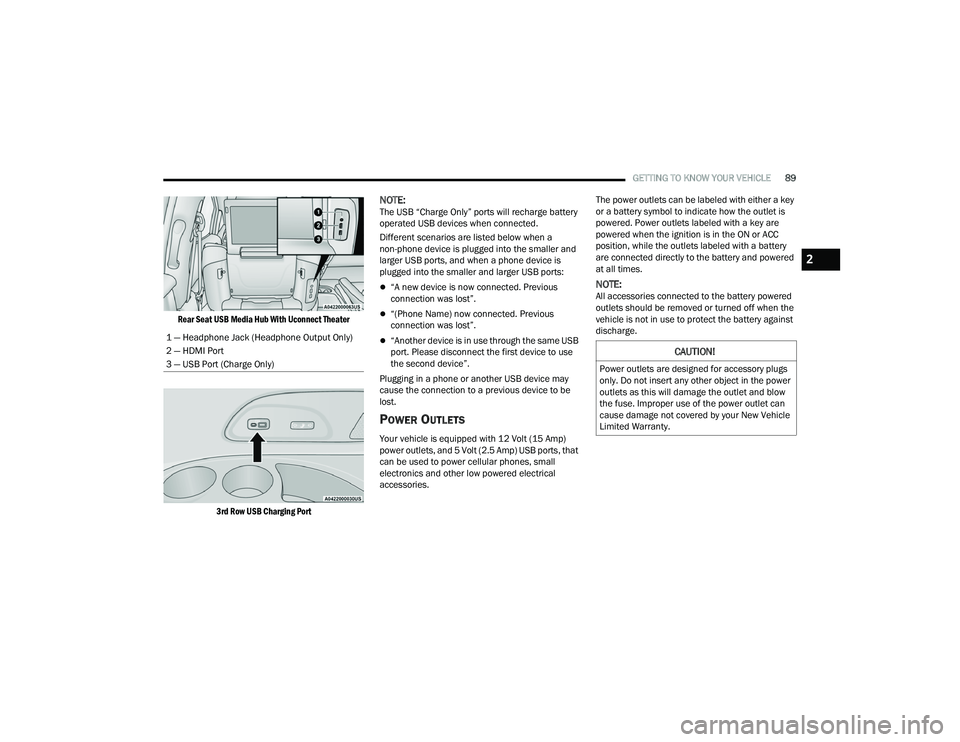 CHRYSLER PACIFICA HYBRID 2021 Owners Manual
GETTING TO KNOW YOUR VEHICLE89
Rear Seat USB Media Hub With Uconnect Theater
3rd Row USB Charging Port
NOTE:The USB “Charge Only” ports will recharge battery
operated USB devices when connecte CHRYSLER PACIFICA HYBRID 2021 Owners Manual
GETTING TO KNOW YOUR VEHICLE89
Rear Seat USB Media Hub With Uconnect Theater
3rd Row USB Charging Port
NOTE:The USB “Charge Only” ports will recharge battery
operated USB devices when connecte