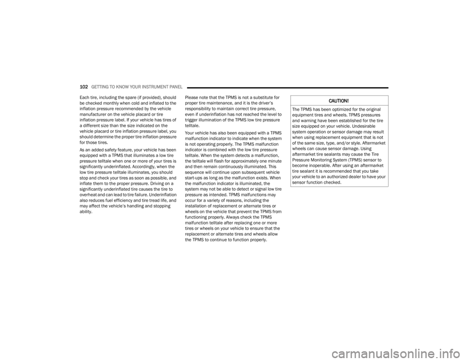 CHRYSLER VOYAGER 2021 User Guide 
102GETTING TO KNOW YOUR INSTRUMENT PANEL  
Each tire, including the spare (if provided), should 
be checked monthly when cold and inflated to the 
inflation pressure recommended by the vehicle 
manuf