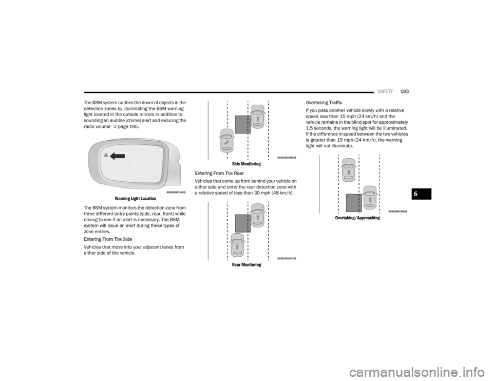 CHRYSLER VOYAGER 2021 Owners Manual
SAFETY193
The BSM system notifies the driver of objects in the
detection zones by illuminating the BSM warning
light located in the outside mirrors in addition to
sounding an audible (chime) alert CHRYSLER VOYAGER 2021 Owners Manual
SAFETY193
The BSM system notifies the driver of objects in the
detection zones by illuminating the BSM warning
light located in the outside mirrors in addition to
sounding an audible (chime) alert