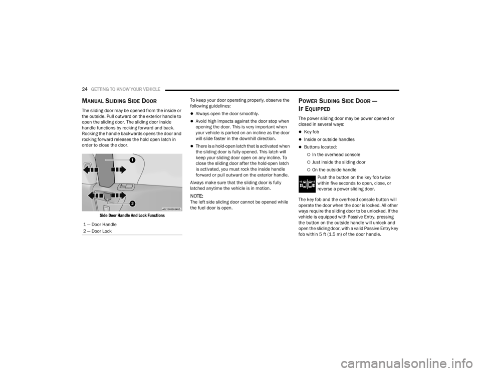 CHRYSLER VOYAGER 2021 Owners Manual 
24GETTING TO KNOW YOUR VEHICLE  
MANUAL SLIDING SIDE DOOR
The sliding door may be opened from the inside or 
the outside. Pull outward on the exterior handle to 
open the sliding door. The sliding do