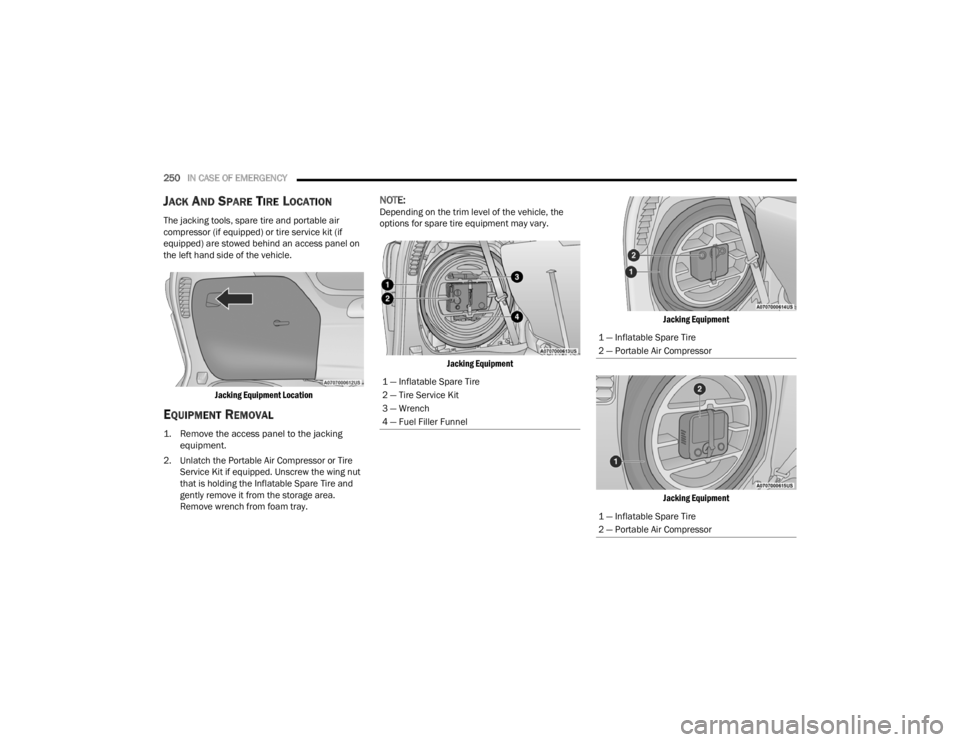 CHRYSLER VOYAGER 2021 Owners Manual
250IN CASE OF EMERGENCY
JACK AND SPARE TIRE LOCATION
The jacking tools, spare tire and portable air
compressor (if equipped) or tire service kit (if
equipped) are stowed behind an access panel on CHRYSLER VOYAGER 2021 Owners Manual
250IN CASE OF EMERGENCY
JACK AND SPARE TIRE LOCATION
The jacking tools, spare tire and portable air
compressor (if equipped) or tire service kit (if
equipped) are stowed behind an access panel on
