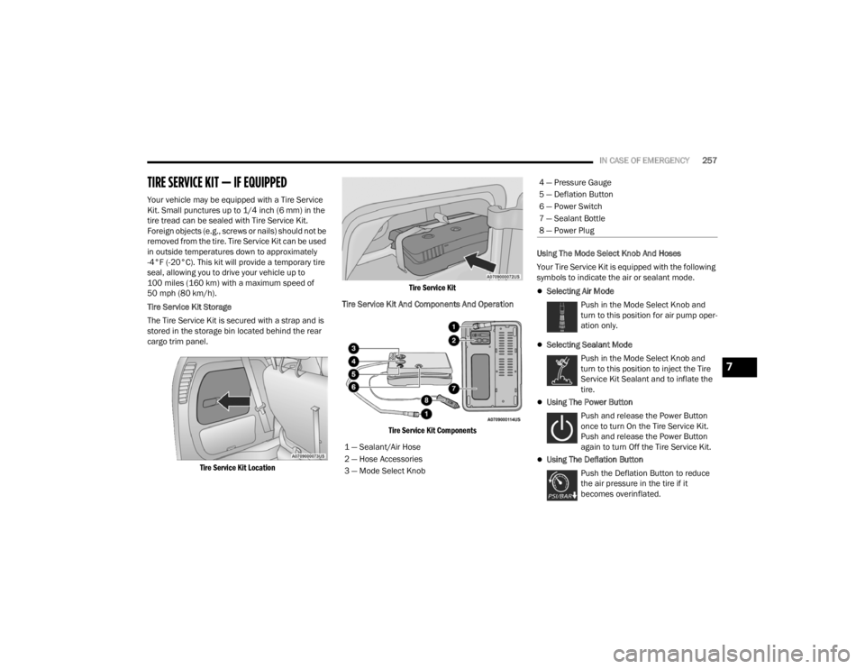CHRYSLER VOYAGER 2021  Owners Manual 
IN CASE OF EMERGENCY257
TIRE SERVICE KIT — IF EQUIPPED
Your vehicle may be equipped with a Tire Service 
Kit. Small punctures up to 1/4 inch (6 mm) in the 
tire tread can be sealed with Tire Servic