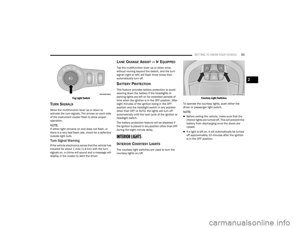 CHRYSLER VOYAGER 2021  Owners Manual 
GETTING TO KNOW YOUR VEHICLE55

Fog Light Switch

TURN SIGNALS
Move the multifunction lever up or down to 
activate the turn signals. The arrows on each side 
of the instrument cluster flash to show 