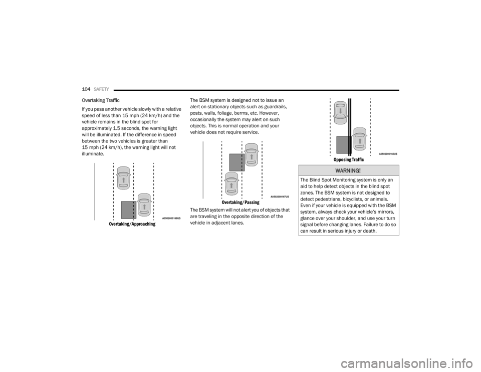 CHRYSLER 300 2020 Owners Manual
104SAFETY
Overtaking Traffic
If you pass another vehicle slowly with a relative
speed of less than 15 mph (24 km/h) and the
vehicle remains in the blind spot for
approximately 1.5 seconds, the w CHRYSLER 300 2020 Owners Manual
104SAFETY
Overtaking Traffic
If you pass another vehicle slowly with a relative
speed of less than 15 mph (24 km/h) and the
vehicle remains in the blind spot for
approximately 1.5 seconds, the w