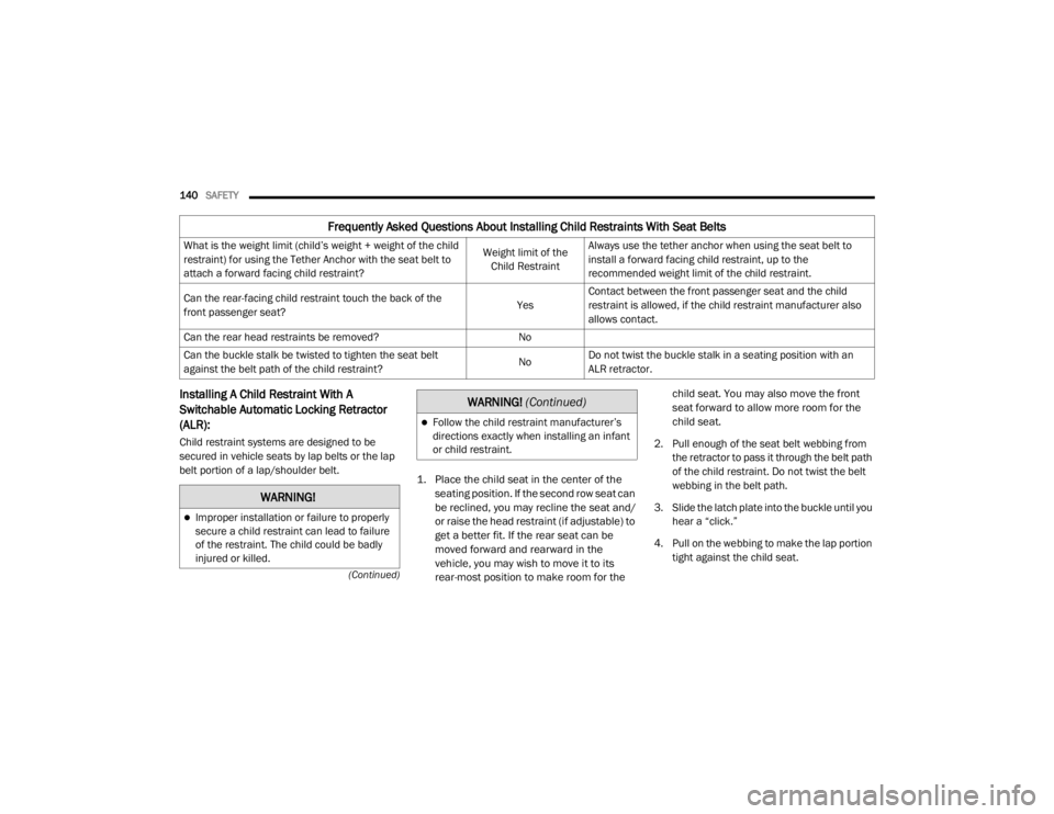 CHRYSLER 300 2020  Owners Manual 
140SAFETY  
(Continued)
Installing A Child Restraint With A 
Switchable Automatic Locking Retractor 
(ALR): 
Child restraint systems are designed to be 
secured in vehicle seats by lap belts or the l