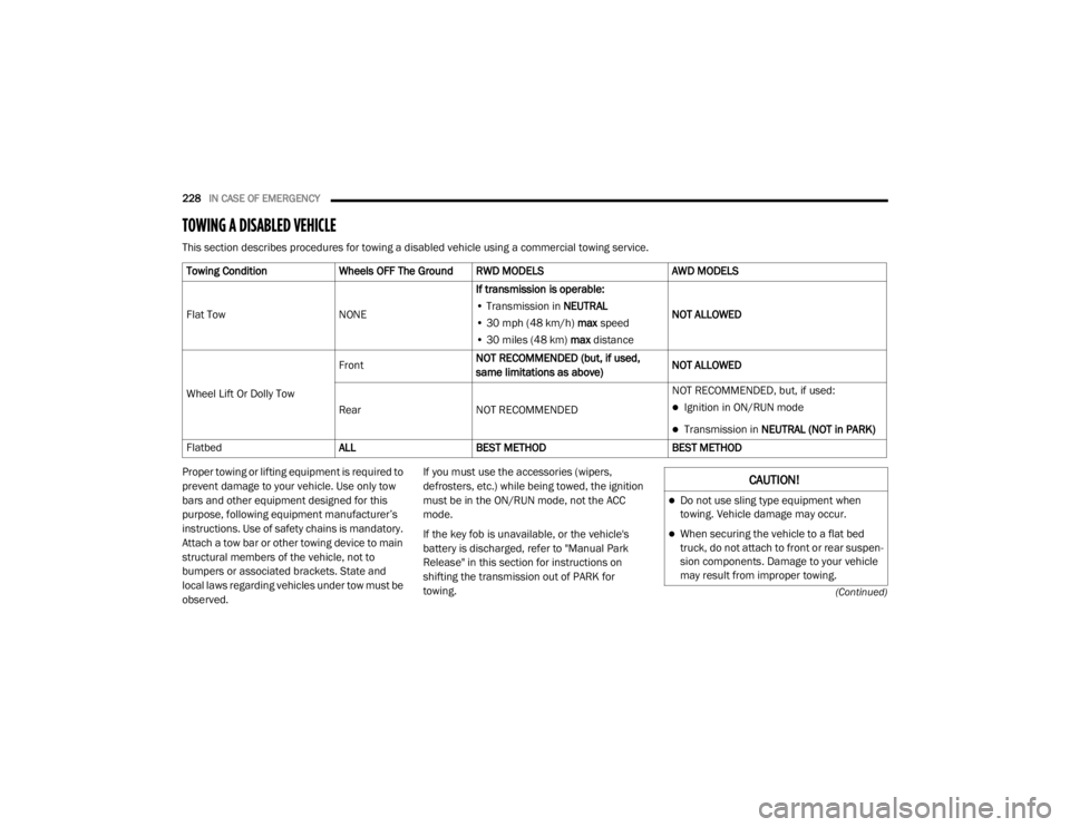 CHRYSLER 300 2020  Owners Manual 
228IN CASE OF EMERGENCY  
(Continued)
TOWING A DISABLED VEHICLE
This section describes procedures for towing a disabled vehicle using a commercial towing service.
Proper towing or lifting equipment i