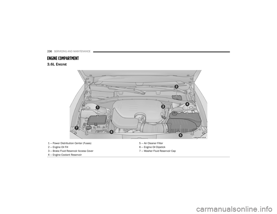 CHRYSLER 300 2020  Owners Manual 
236SERVICING AND MAINTENANCE  
ENGINE COMPARTMENT  
3.6L ENGINE 
1 — Power Distribution Center (Fuses) 5 — Air Cleaner Filter
2 — Engine Oil Fill 6 — Engine Oil Dipstick
3 — Brake Fluid Res