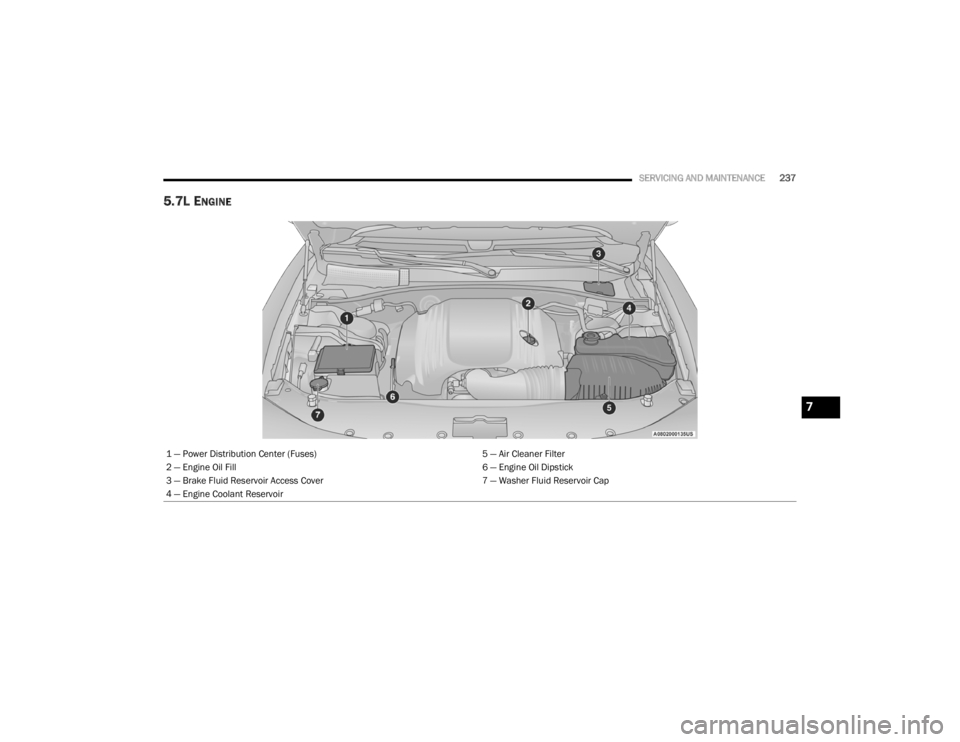 CHRYSLER 300 2020  Owners Manual 
SERVICING AND MAINTENANCE237
5.7L ENGINE 
1 — Power Distribution Center (Fuses) 5 — Air Cleaner Filter
2 — Engine Oil Fill 6 — Engine Oil Dipstick
3 — Brake Fluid Reservoir Access Cover 7 