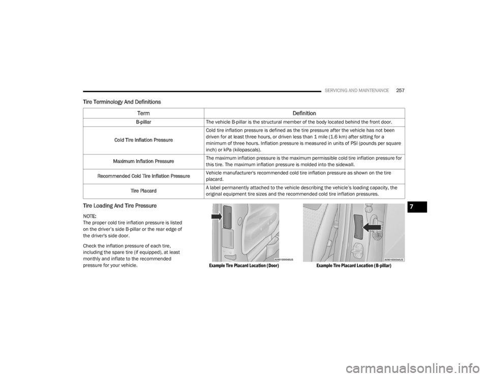 CHRYSLER 300 2020 Owners Manual
SERVICING AND MAINTENANCE257
Tire Terminology And Definitions
Tire Loading And Tire Pressure
NOTE:
The proper cold tire inflation pressure is listed
on the driver’s side B-pillar or the rear CHRYSLER 300 2020 Owners Manual
SERVICING AND MAINTENANCE257
Tire Terminology And Definitions
Tire Loading And Tire Pressure
NOTE:
The proper cold tire inflation pressure is listed
on the driver’s side B-pillar or the rear
