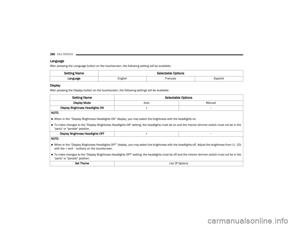 CHRYSLER 300 2020  Owners Manual 
286MULTIMEDIA  
Language
After pressing the Language button on the touchscreen, the following setting will be available:
Display
After pressing the Display button on the touchscreen, the following se