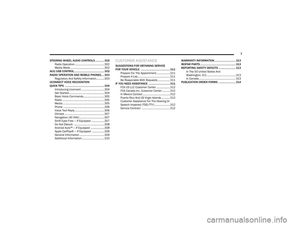 CHRYSLER 300 2020  Owners Manual 
7
STEERING WHEEL AUDIO CONTROLS ............ 302 Radio Operation .........................................302
Media Mode ...............................................302
AUX/USB CONTROL............