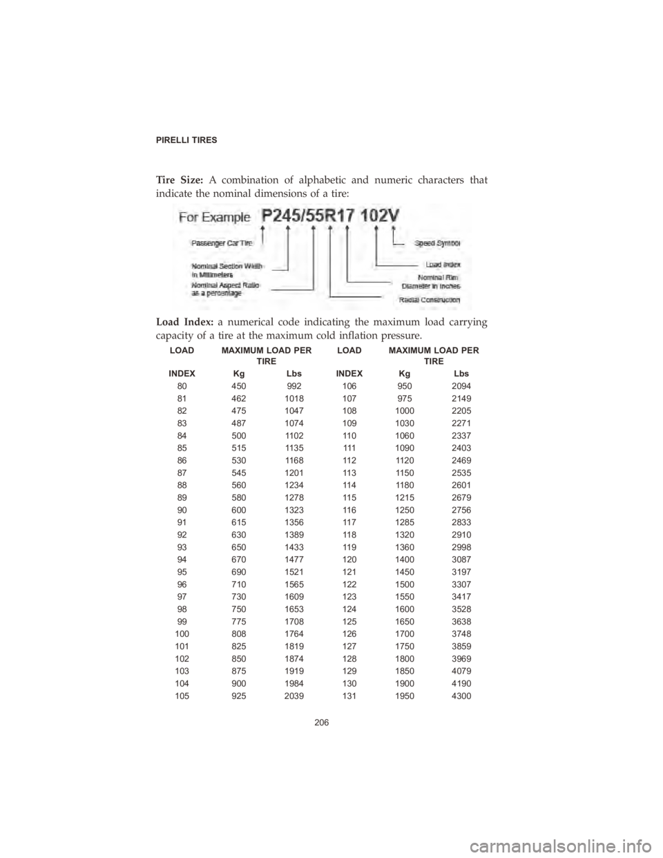 CHRYSLER VOYAGER 2020  Vehicle Warranty Tire Size:A combination of alphabetic and numeric characters that
indicate the nominal dimensions of a tire:
Load Index: a numerical code indicating the maximum load carrying
capacity of a tire at the