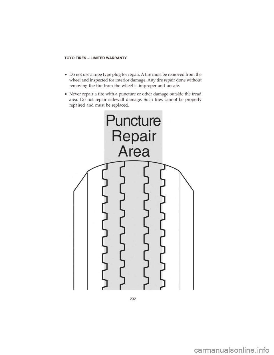 CHRYSLER PACIFICA 2020  Vehicle Warranty •Do not use a rope type plug for repair. A tire must be removed from the
wheel and inspected for interior damage. Any tire repair done without
removing the tire from the wheel is improper and unsafe