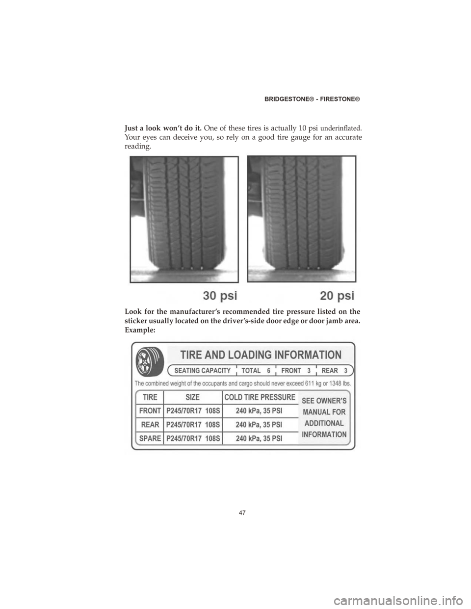 CHRYSLER PACIFICA 2020  Vehicle Warranty Just�a�look� won’t� do�it.�One� of�these� tires�is�actually� 10�psi� �V�O�E�F�S�J�O�G�M�B�U�F�E.�
Your� eyes�can�deceive� you,�so�rely� on�a�good� tire�gauge� for�an�acc