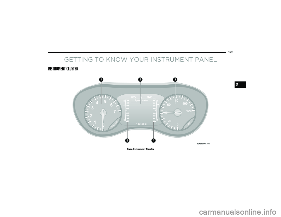 CHRYSLER PACIFICA 2020 Owners Manual
125
GETTING TO KNOW YOUR INSTRUMENT PANEL
INSTRUMENT CLUSTER
Base Instrument Cluster
3
20_RU_OM_EN_US_t.book Page 125 CHRYSLER PACIFICA 2020 Owners Manual
125
GETTING TO KNOW YOUR INSTRUMENT PANEL
INSTRUMENT CLUSTER
Base Instrument Cluster
3
20_RU_OM_EN_US_t.book Page 125