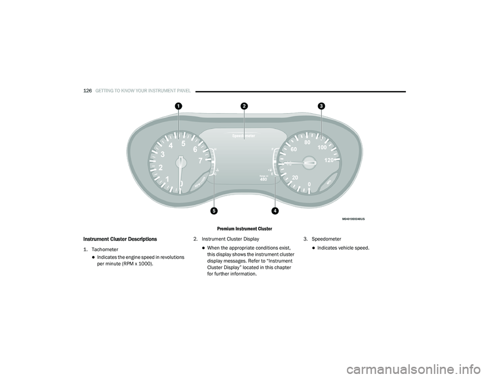 CHRYSLER PACIFICA 2020  Owners Manual 
126GETTING TO KNOW YOUR INSTRUMENT PANEL  
Premium Instrument Cluster
Instrument Cluster Descriptions

1. Tachometer

Indicates the engine speed in revolutions 
per minute (RPM x 1000).2. Instrume