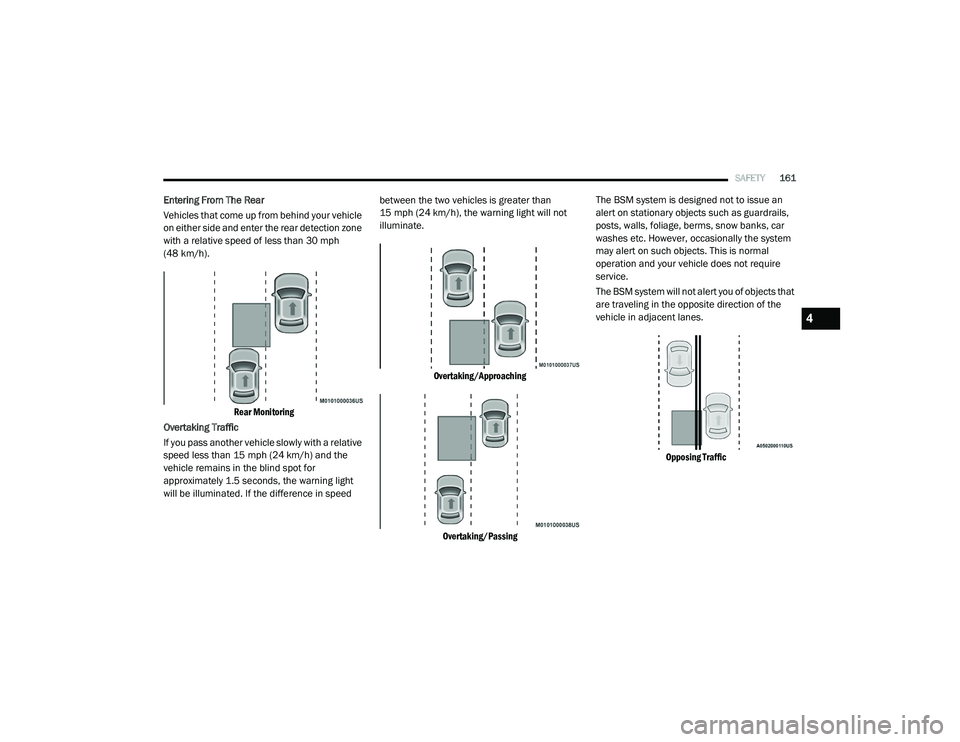 CHRYSLER PACIFICA 2020  Owners Manual 
SAFETY161
Entering From The Rear
Vehicles that come up from behind your vehicle 
on either side and enter the rear detection zone 
with a relative speed of less than 30 mph 
(48 km/h).

Rear Monitori