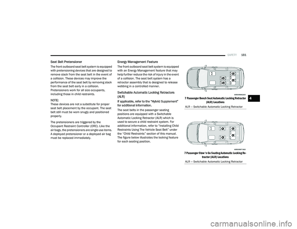 CHRYSLER PACIFICA 2020 Owners Manual
SAFETY181
Seat Belt Pretensioner
The front outboard seat belt system is equipped
with pretensioning devices that are designed to
remove slack from the seat belt in the event of
a collision. These CHRYSLER PACIFICA 2020 Owners Manual
SAFETY181
Seat Belt Pretensioner
The front outboard seat belt system is equipped
with pretensioning devices that are designed to
remove slack from the seat belt in the event of
a collision. These