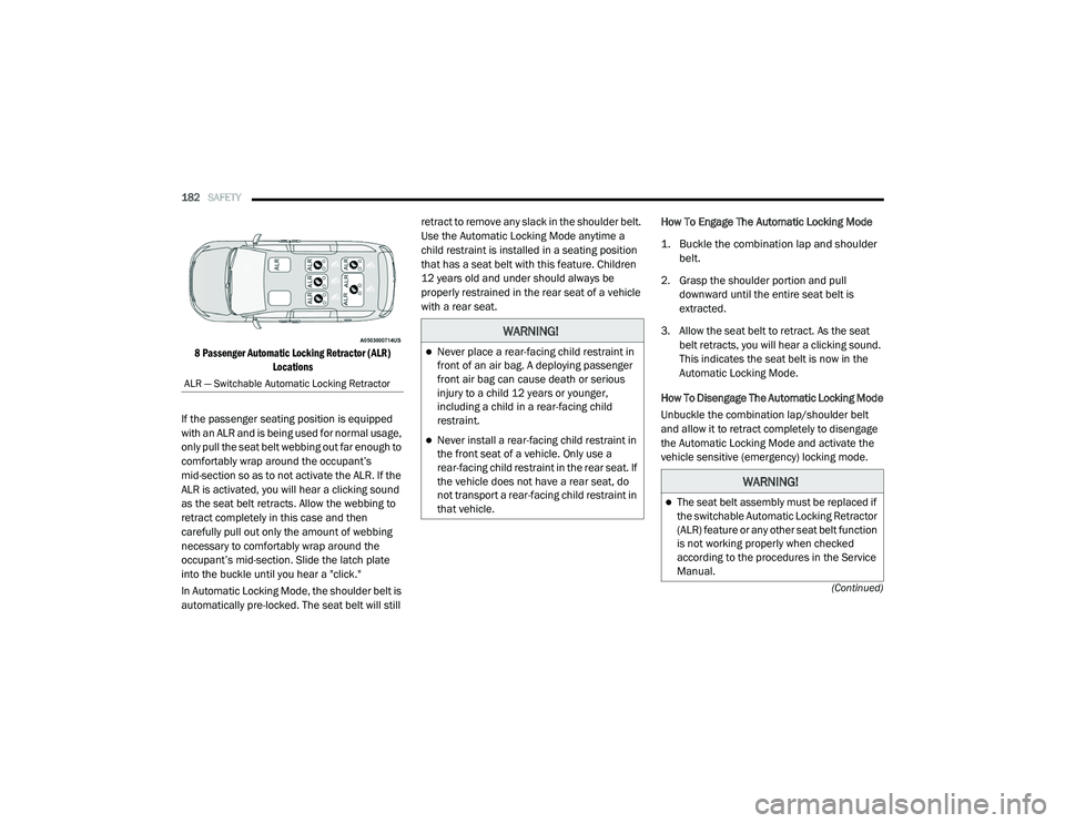 CHRYSLER PACIFICA 2020 Owners Manual
182SAFETY
(Continued)
8 Passenger Automatic Locking Retractor (ALR) Locations
If the passenger seating position is equipped
with an ALR and is being used for normal usage,
only pull the seat be CHRYSLER PACIFICA 2020 Owners Manual
182SAFETY
(Continued)
8 Passenger Automatic Locking Retractor (ALR) Locations
If the passenger seating position is equipped
with an ALR and is being used for normal usage,
only pull the seat be