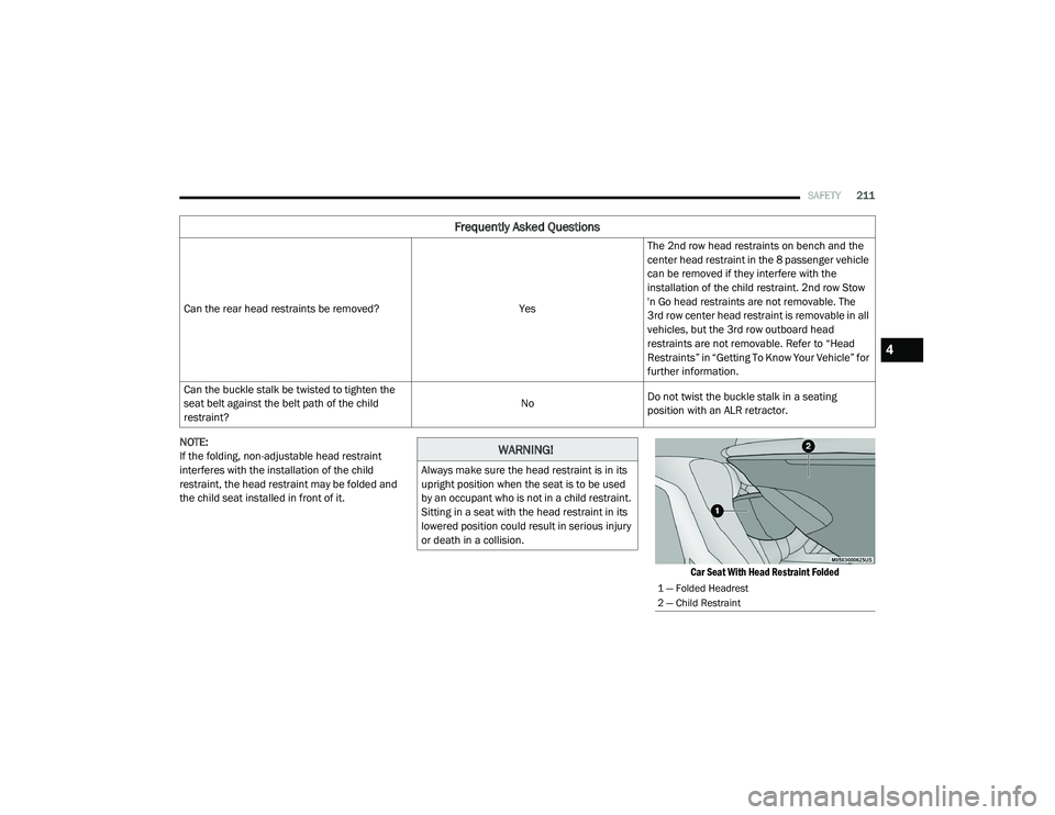 CHRYSLER VOYAGER 2020  Owners Manual 
SAFETY211
NOTE:
If the folding, non-adjustable head restraint 
interferes with the installation of the child 
restraint, the head restraint may be folded and 
the child seat installed in front of it.