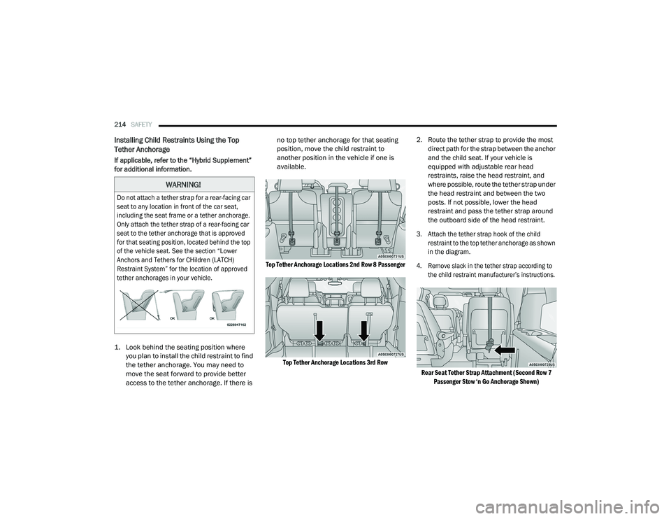 CHRYSLER PACIFICA 2020 Owners Manual
214SAFETY
Installing Child Restraints Using the Top
Tether Anchorage
If applicable, refer to the “Hybrid Supplement”
for additional information.
1. Look behind the seating position where
yo CHRYSLER PACIFICA 2020 Owners Manual
214SAFETY
Installing Child Restraints Using the Top
Tether Anchorage
If applicable, refer to the “Hybrid Supplement”
for additional information.
1. Look behind the seating position where
yo
