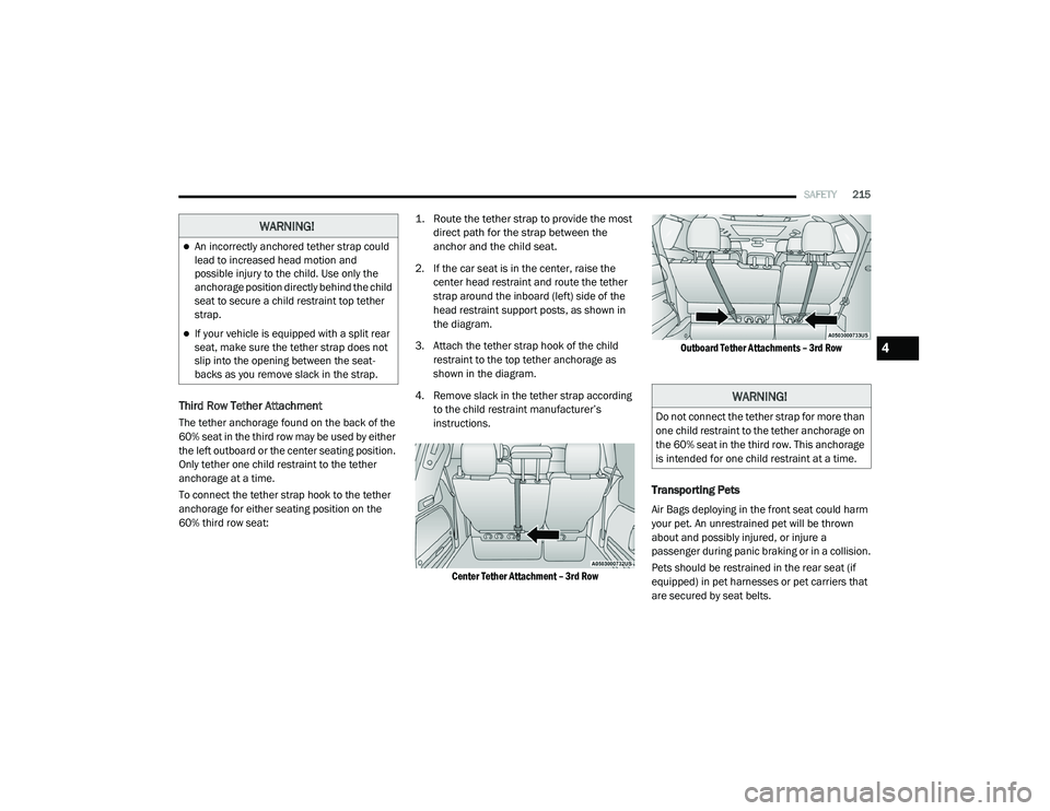 CHRYSLER PACIFICA 2020 Owners Manual
SAFETY215
Third Row Tether Attachment
The tether anchorage found on the back of the
60% seat in the third row may be used by either
the left outboard or the center seating position.
Only tether on CHRYSLER PACIFICA 2020 Owners Manual
SAFETY215
Third Row Tether Attachment
The tether anchorage found on the back of the
60% seat in the third row may be used by either
the left outboard or the center seating position.
Only tether on