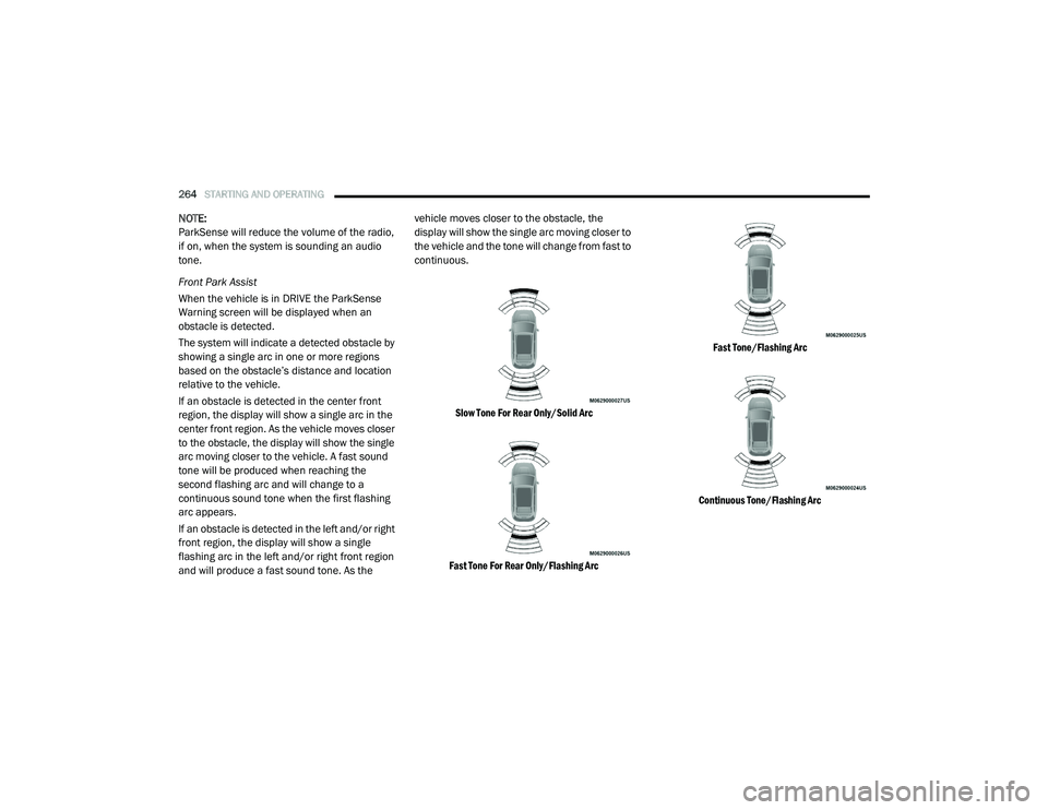 CHRYSLER PACIFICA 2020 Owners Manual
264STARTING AND OPERATING
NOTE:
ParkSense will reduce the volume of the radio,
if on, when the system is sounding an audio
tone.
Front Park Assist
When the vehicle is in DRIVE the ParkSense
Warn CHRYSLER PACIFICA 2020 Owners Manual
264STARTING AND OPERATING
NOTE:
ParkSense will reduce the volume of the radio,
if on, when the system is sounding an audio
tone.
Front Park Assist
When the vehicle is in DRIVE the ParkSense
Warn
