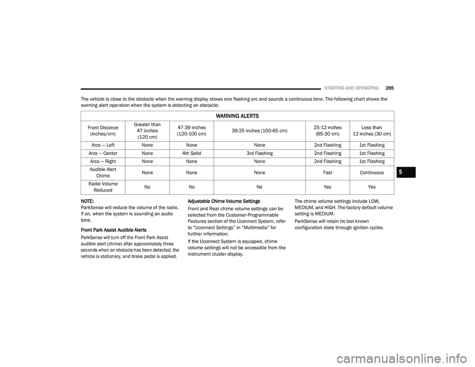 CHRYSLER PACIFICA 2020 Owners Guide 
STARTING AND OPERATING265
The vehicle is close to the obstacle when the warning display shows one flashing arc and sounds a continuous tone. The following chart shows the 
warning alert operation whe