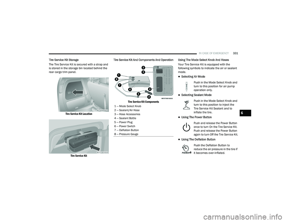 CHRYSLER PACIFICA HYBRID 2020 Owners Manual
IN CASE OF EMERGENCY331
Tire Service Kit Storage
The Tire Service Kit is secured with a strap and
is stored in the storage bin located behind the
rear cargo trim panel.
Tire Service Kit LocationTi CHRYSLER PACIFICA HYBRID 2020 Owners Manual
IN CASE OF EMERGENCY331
Tire Service Kit Storage
The Tire Service Kit is secured with a strap and
is stored in the storage bin located behind the
rear cargo trim panel.
Tire Service Kit LocationTi