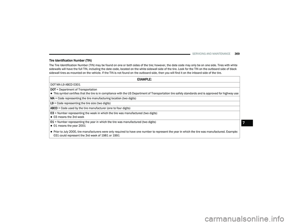 CHRYSLER PACIFICA HYBRID 2020 Owners Manual
SERVICING AND MAINTENANCE369
Tire Identification Number (TIN)
The Tire Identification Number (TIN) may be found on one or both sides of the tire; however, the date code may only be on one side. Tires CHRYSLER PACIFICA HYBRID 2020 Owners Manual
SERVICING AND MAINTENANCE369
Tire Identification Number (TIN)
The Tire Identification Number (TIN) may be found on one or both sides of the tire; however, the date code may only be on one side. Tires