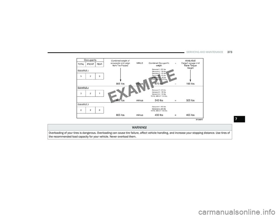 CHRYSLER PACIFICA HYBRID 2020 Owners Guide 
SERVICING AND MAINTENANCE373
WARNING!
Overloading of your tires is dangerous. Overloading can cause tire failure, affect vehicle handling, and increase your stopping distance. Use tires of 
the recom