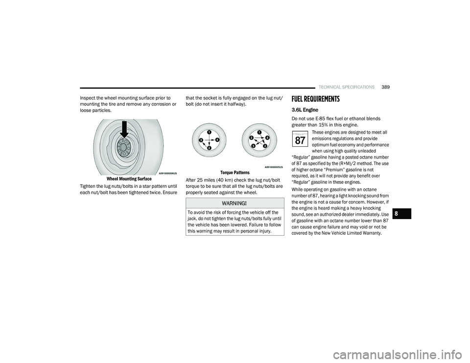 CHRYSLER VOYAGER 2020  Owners Manual 
TECHNICAL SPECIFICATIONS389
Inspect the wheel mounting surface prior to 
mounting the tire and remove any corrosion or 
loose particles.

Wheel Mounting Surface

Tighten the lug nuts/bolts in a star 