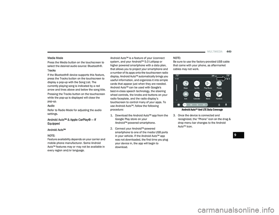 CHRYSLER PACIFICA HYBRID 2020 Owners Manual
MULTIMEDIA449
Media Mode
Press the Media button on the touchscreen to
select the desired audio source: Bluetooth®.
Tracks
If the Bluetooth® device supports this feature,
press the Tracks button o CHRYSLER PACIFICA HYBRID 2020 Owners Manual
MULTIMEDIA449
Media Mode
Press the Media button on the touchscreen to
select the desired audio source: Bluetooth®.
Tracks
If the Bluetooth® device supports this feature,
press the Tracks button o