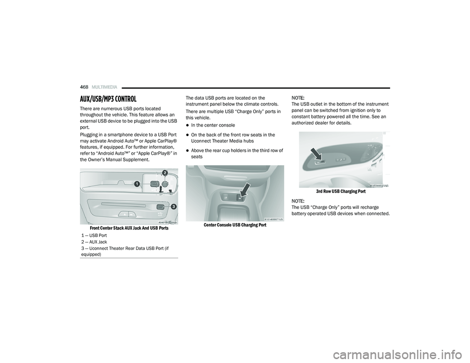 CHRYSLER PACIFICA 2020 User Guide 
468MULTIMEDIA  
AUX/USB/MP3 CONTROL     
There are numerous USB ports located 
throughout the vehicle. This feature allows an 
external USB device to be plugged into the USB 
port.
Plugging in a smar