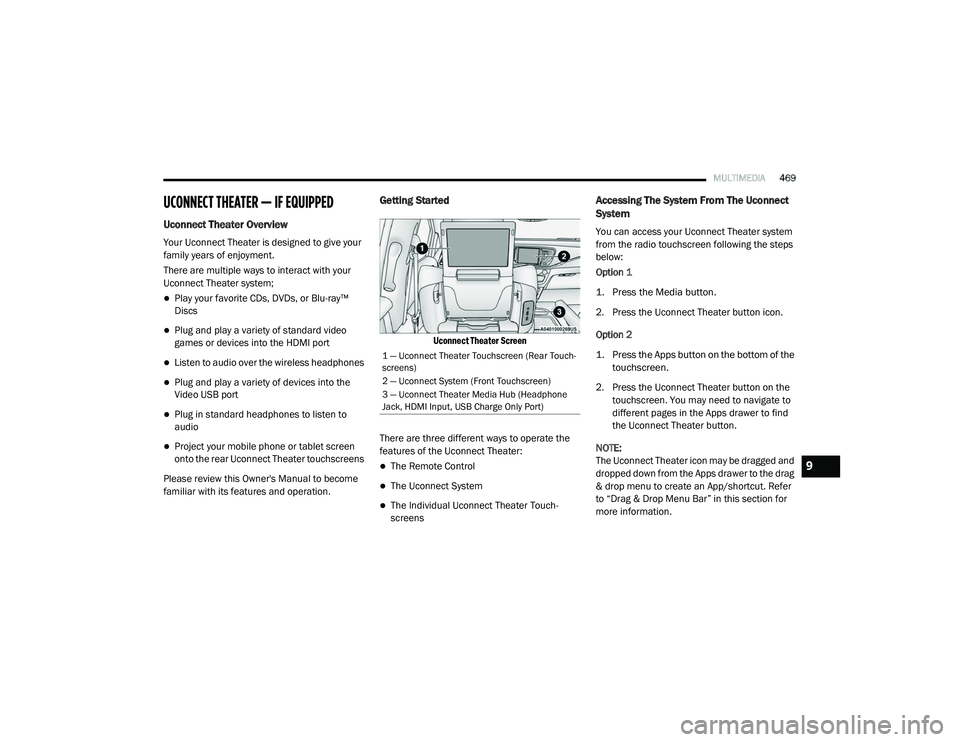 CHRYSLER PACIFICA 2020 User Guide 
MULTIMEDIA469
UCONNECT THEATER — IF EQUIPPED  
Uconnect Theater Overview
Your Uconnect Theater is designed to give your 
family years of enjoyment.
There are multiple ways to interact with your 
Uc