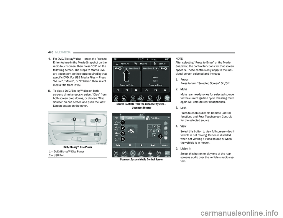 CHRYSLER PACIFICA 2020 Owners Manual 
476MULTIMEDIA  
4. For DVD/Blu-ray™ disc — press the Press to 
Enter feature in the Movie Snapshot on the 
radio touchscreen, then press “OK” on the 
following screen. The steps to start a DV