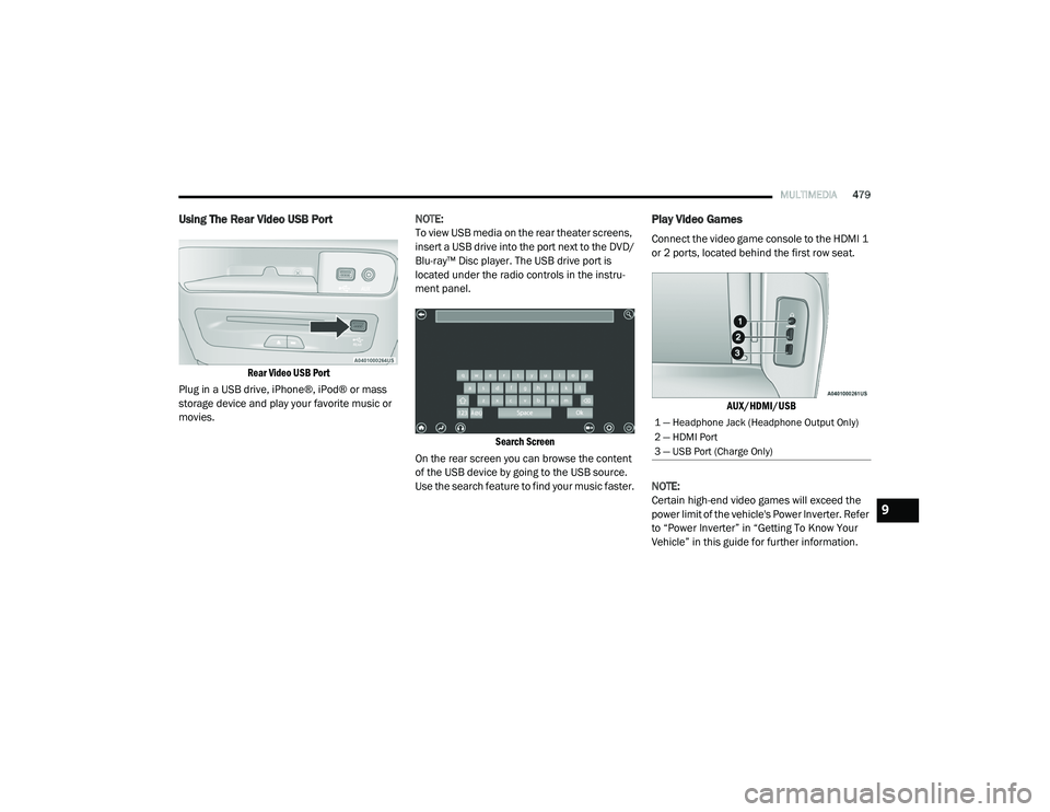 CHRYSLER PACIFICA HYBRID 2020 Owners Manual
MULTIMEDIA479
Using The Rear Video USB Port
Rear Video USB Port
Plug in a USB drive, iPhone®, iPod® or mass
storage device and play your favorite music or
movies. NOTE:
To view USB media on the CHRYSLER PACIFICA HYBRID 2020 Owners Manual
MULTIMEDIA479
Using The Rear Video USB Port
Rear Video USB Port
Plug in a USB drive, iPhone®, iPod® or mass
storage device and play your favorite music or
movies. NOTE:
To view USB media on the