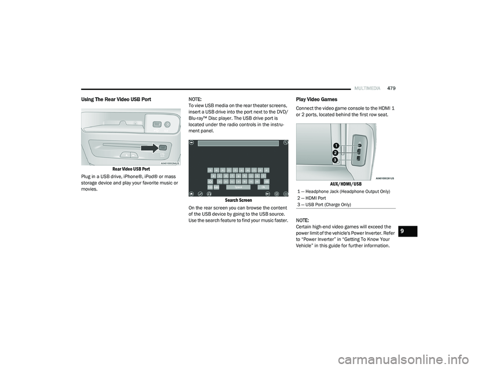 CHRYSLER PACIFICA 2020 Owners Manual 
MULTIMEDIA479
Using The Rear Video USB Port

Rear Video USB Port

Plug in a USB drive, iPhone®, iPod® or mass 
storage device and play your favorite music or 
movies. NOTE:
To view USB media on the