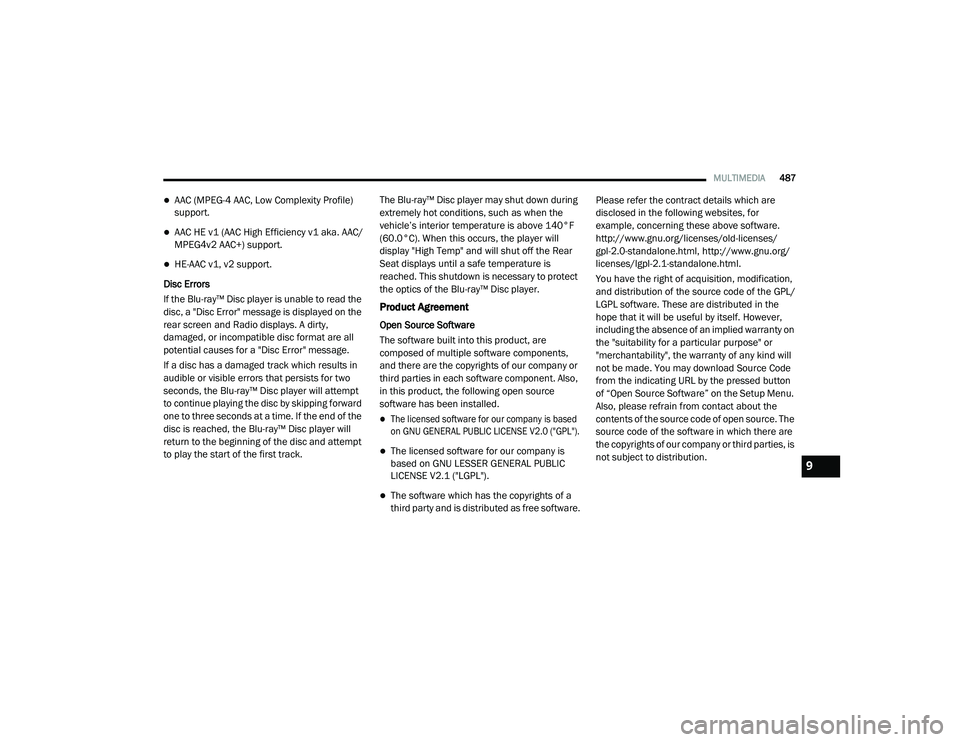 CHRYSLER PACIFICA HYBRID 2020 Owners Manual
MULTIMEDIA487
AAC (MPEG-4 AAC, Low Complexity Profile)
support.
AAC HE v1 (AAC High Efficiency v1 aka. AAC/
MPEG4v2 AAC+) support.
HE-AAC v1, v2 support.
Disc Errors
If the Blu-ray™ Disc CHRYSLER PACIFICA HYBRID 2020 Owners Manual
MULTIMEDIA487
AAC (MPEG-4 AAC, Low Complexity Profile)
support.
AAC HE v1 (AAC High Efficiency v1 aka. AAC/
MPEG4v2 AAC+) support.
HE-AAC v1, v2 support.
Disc Errors
If the Blu-ray™ Disc
