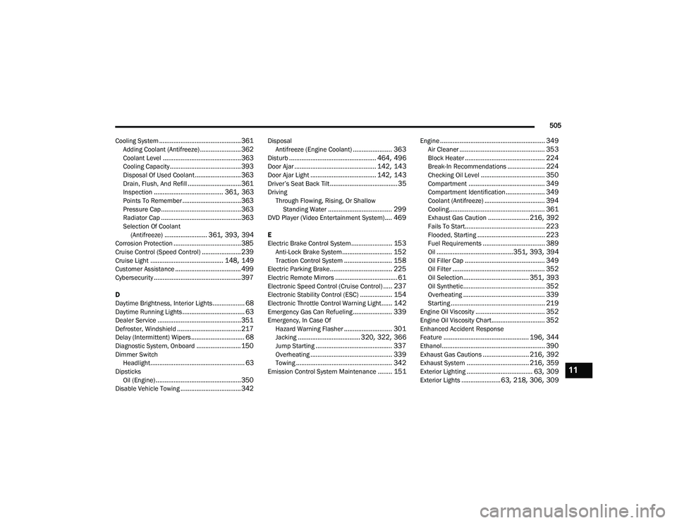 CHRYSLER VOYAGER 2020  Owners Manual 
505
Cooling System
.............................................. 361Adding Coolant (Antifreeze)....................... 362Coolant Level............................................ 363Cooling Capacit