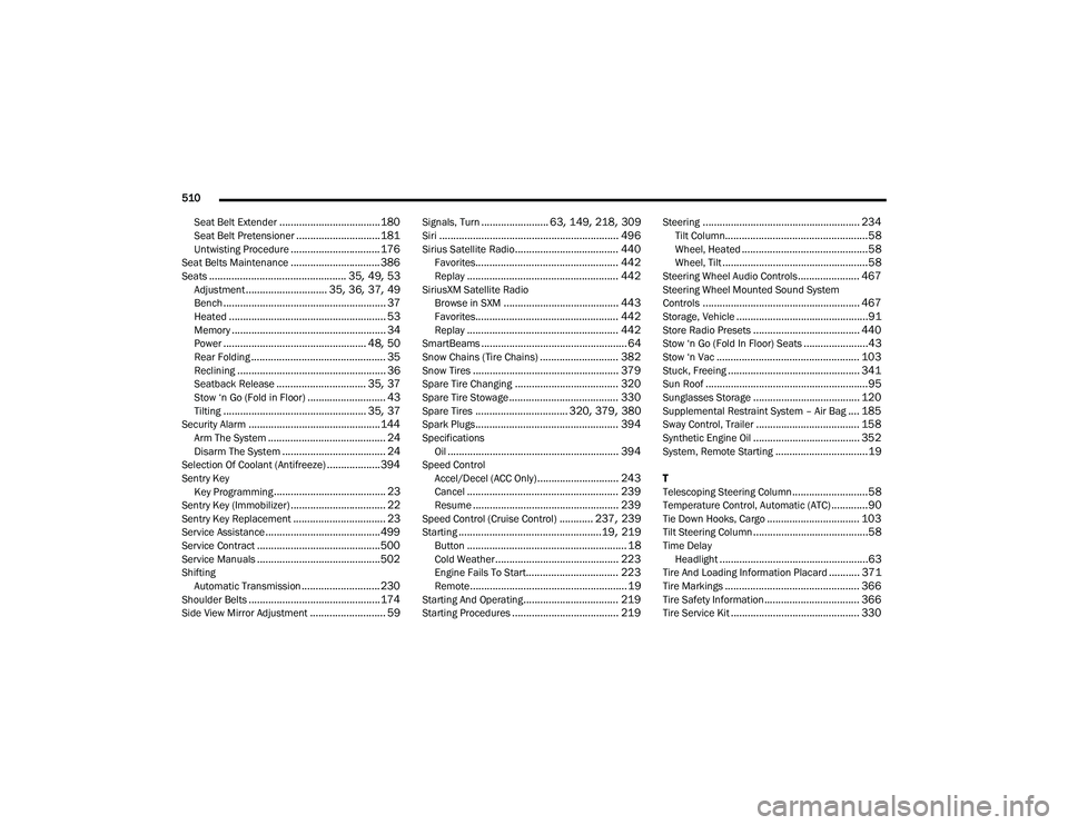 CHRYSLER PACIFICA 2020 Owners Manual 
510 
Seat Belt Extender
.................................... 180Seat Belt Pretensioner.............................. 181Untwisting Procedure................................ 176Seat Belts Maintenance.