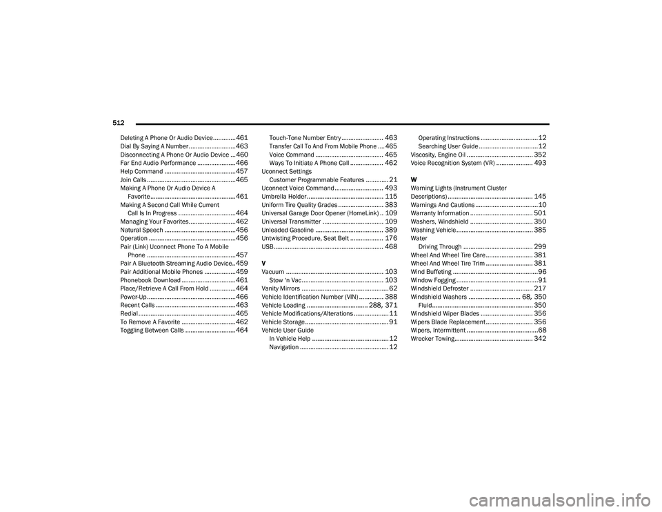 CHRYSLER PACIFICA HYBRID 2020  Owners Manual 
512 
Deleting A Phone Or Audio Device
.............461Dial By Saying A Number........................... 463Disconnecting A Phone Or Audio Device... 460Far End Audio Performance......................