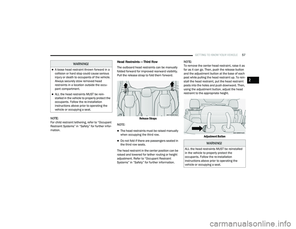 CHRYSLER PACIFICA 2020 Workshop Manual
GETTING TO KNOW YOUR VEHICLE57
NOTE:
For child restraint tethering, refer to “Occupant
Restraint Systems” in “Safety” for further infor -
mation.
Head Restraints — Third Row
The outboard h CHRYSLER PACIFICA 2020 Workshop Manual
GETTING TO KNOW YOUR VEHICLE57
NOTE:
For child restraint tethering, refer to “Occupant
Restraint Systems” in “Safety” for further infor -
mation.
Head Restraints — Third Row
The outboard h