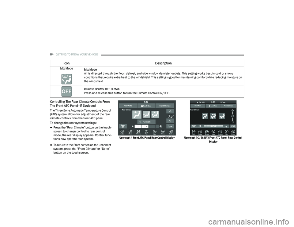 CHRYSLER PACIFICA HYBRID 2020  Owners Manual 
84GETTING TO KNOW YOUR VEHICLE  
Controlling The Rear Climate Controls From 
The Front ATC Panel—If Equipped
The Three-Zone Automatic Temperature Control 
(ATC) system allows for adjustment of the 