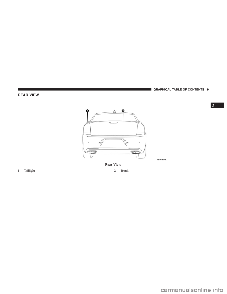 CHRYSLER 300 2019 User Guide REAR VIEW
Rear View
1 — Taillight2 — Trunk
2
GRAPHICAL TABLE OF CONTENTS 9 