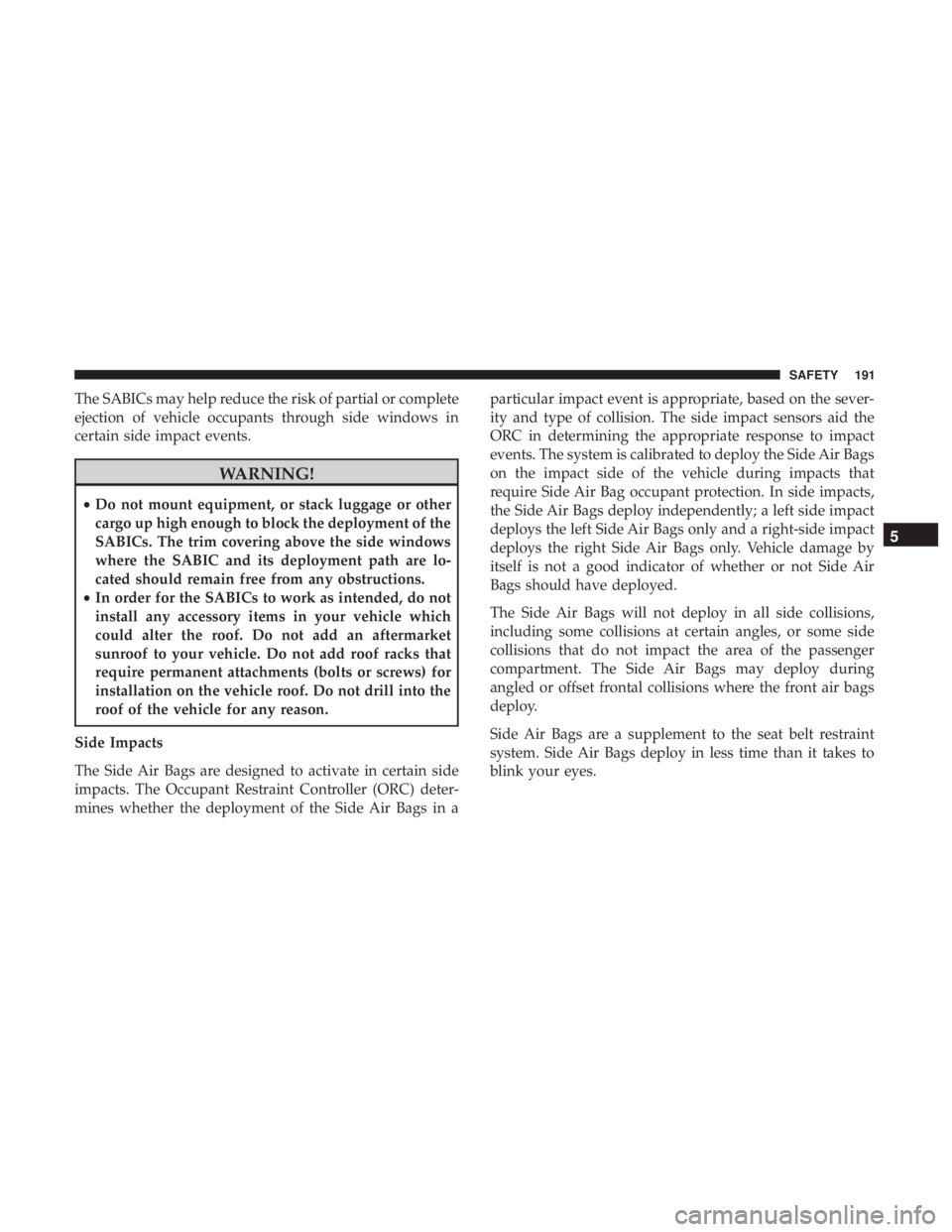 CHRYSLER 300 2019  Owners Manual The SABICs may help reduce the risk of partial or complete
ejection of vehicle occupants through side windows in
certain side impact events.
WARNING!
•Do not mount equipment, or stack luggage or oth